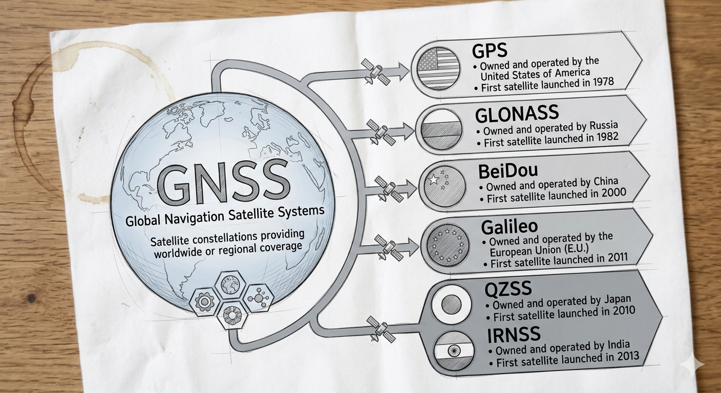 The major GNSS constellations: GPS (US), GLONASS (Russia), BeiDou (China), Galileo (EU), QZSS (Japan), and IRNSS (India).
