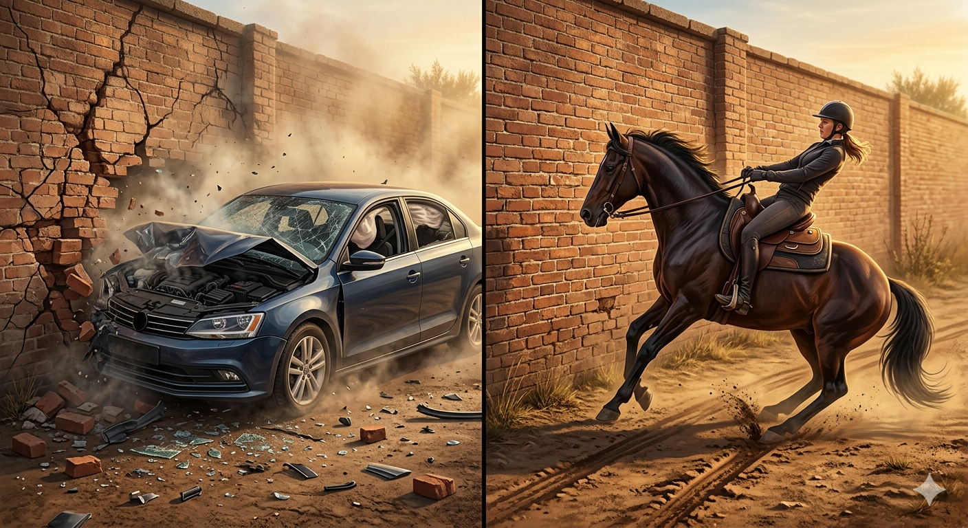 Left: a car crashing through a brick wall because it does exactly what it is told. Right: a horse refusing to run into the same wall. The analogy for independently safe autonomous design.