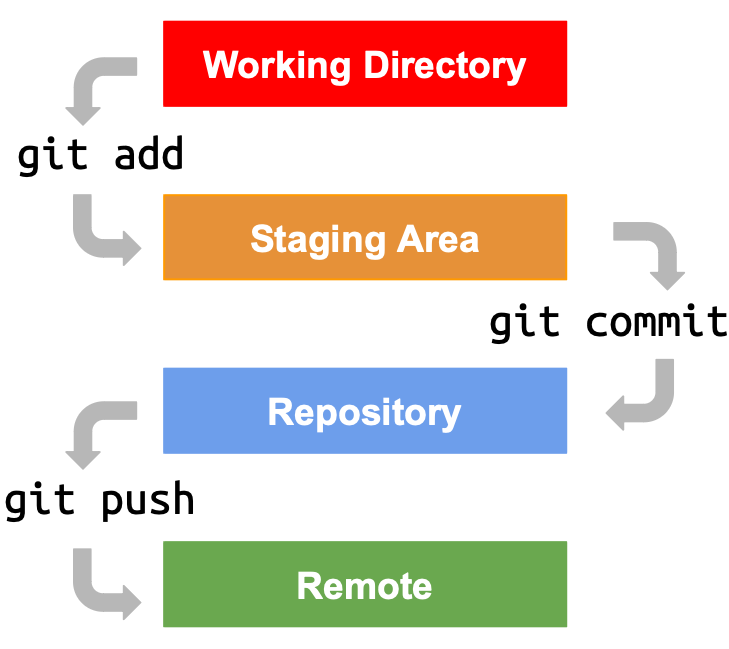 The Git workflow: changes move from the Working Directory to the Staging Area with git add, to the Repository with git commit, then to a Remote with git push.