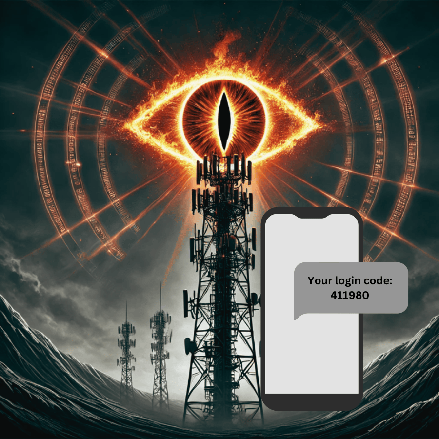 Illustration of a cell tower beaming a one-time login code to a phone beneath a watching eye, evoking SMS interception risk.