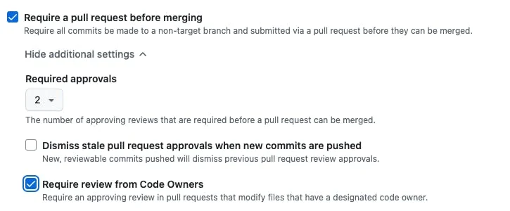 GitHub branch protection settings: require a pull request before merging, two approvals, and review from Code Owners.