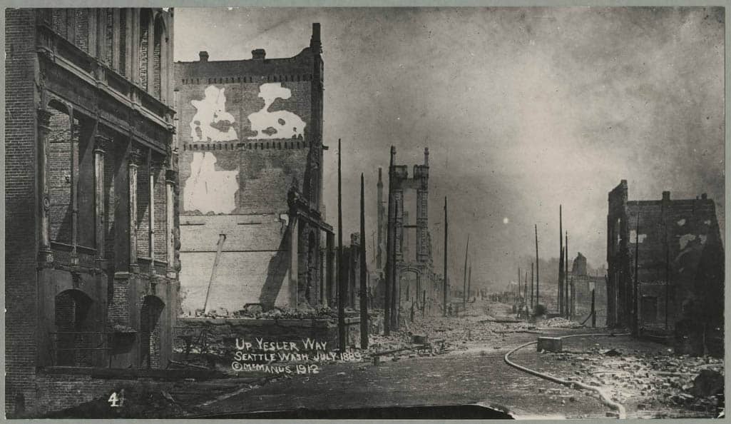 A 1889 photograph of the ruins along Yesler Way after the Great Seattle Fire.