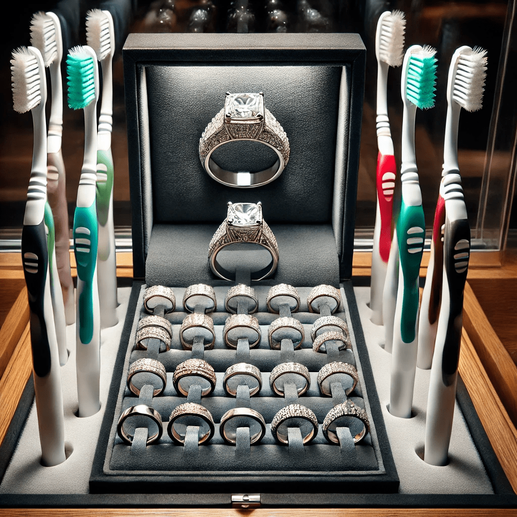Ordinary toothbrushes surrounding a display case of diamond rings, the metaphor for telling low-value from high-value applications.